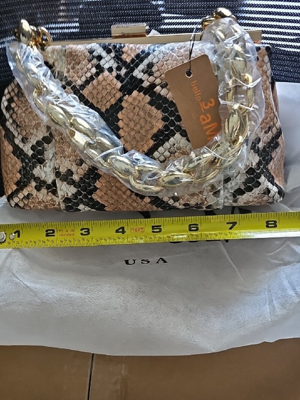 Python-Print Chain Handle Clutch – Tan/Black - Picture 3 of 6